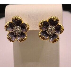 Nolan Miller Floral Rhinestone Enamel Earrings Sterling Post 7/8" Diameter